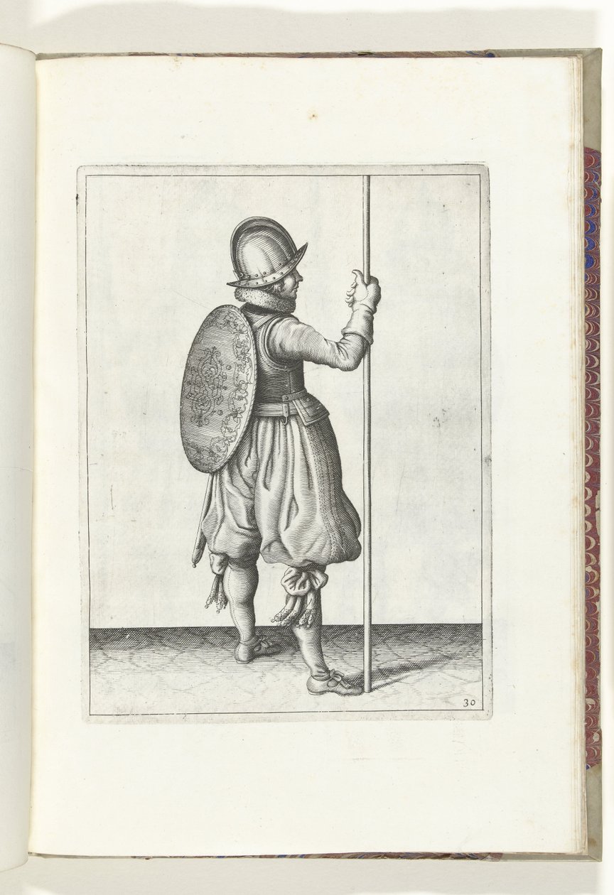 A gyakorlat pajzzsal és lándzsával: a katona lándzsával a jobb láb mellett a földön áll (30. sz.), 1618 A Nassausche Wapen-Handelinge, van Schilt, Kémek, Rappier ende Targe: a figura ábrázolja, és az új rend szerint pózol alkotó: Adam van Breen