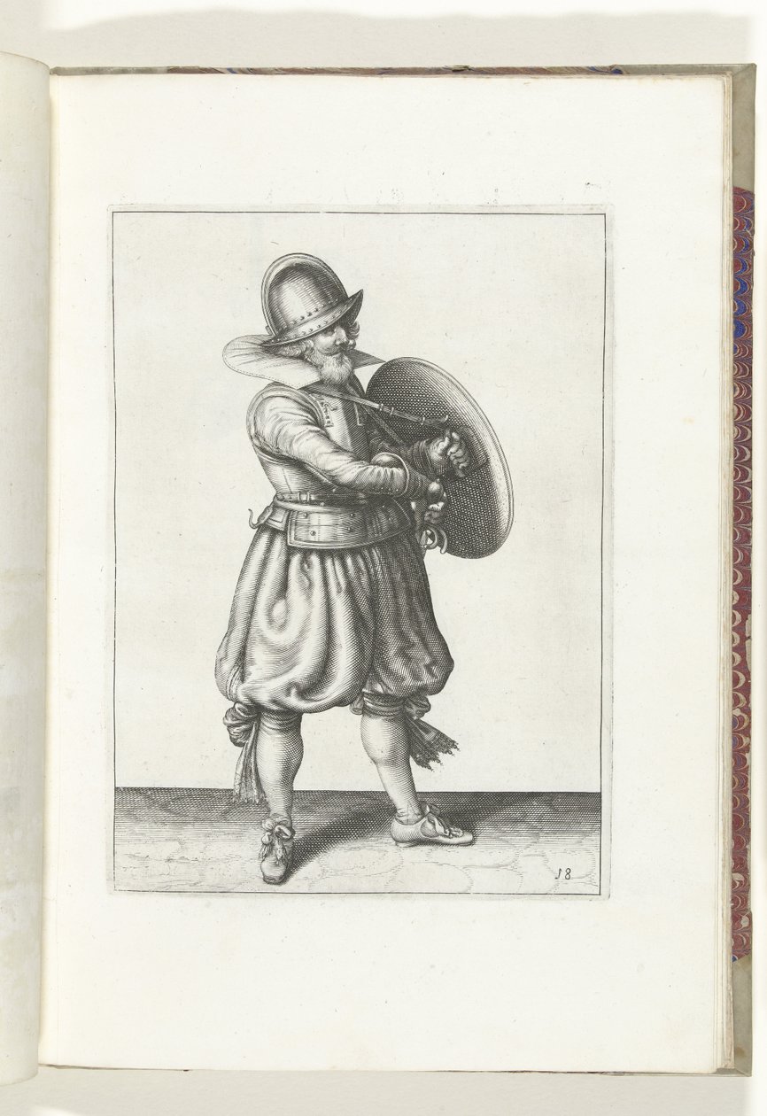 A pajzs és tüske gyakorlat: A katona a pajzsa mögül kihúzza a rapírját (18. sz.), 1618 A Nassausche Wapen-Handelinge, van Schilt, Kémek, Rappier és a célpont : beyde figuerlick ábrázolva, és az új rend szerint bekeretezve [of] (...) Maurits v. alkotó: Adam van Breen