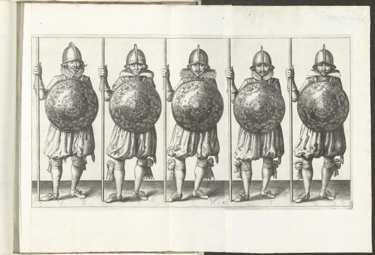 A pajzs és tüske gyakorlat: Öt katona egymás mellett áll a földön nyugvó toronnyal a jobb kezében és a pajzzsal a mellkas előtt (31. sz.), 1618 A Nassausche Wapen-Handinge, van Schilt, Kémek, Rappier andde Cél: beyde f alkotó: Adam van Breen