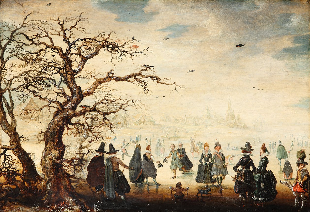 Német: Wintervergnügen Téli tájkép elegáns alakokkal korcsolyázva alkotó: Adam van Breen