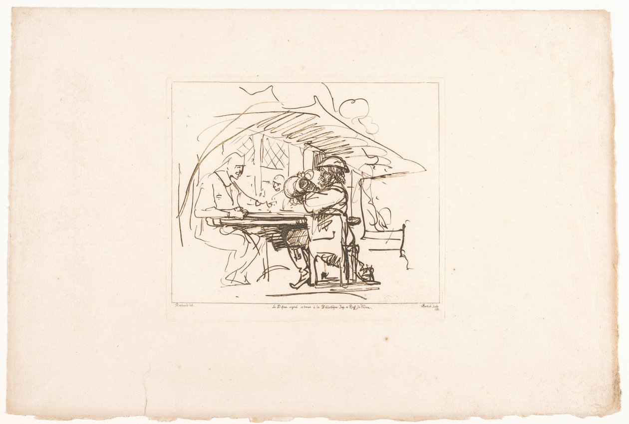 Két férfi egy asztalnál, egyikük egy kancsóval Hat nyomat Rembrandt rajzai után, a bécsi Hofbibliothekben (sorozat címe) Six estamppes gravées d