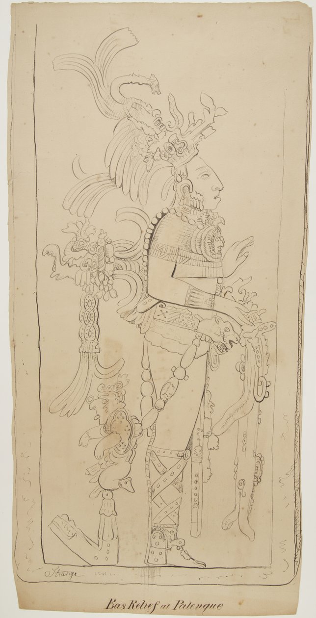 Bas Relief Palenque-ben, Mexikó (fekete tinta és grafit) alkotó: Adela Breton