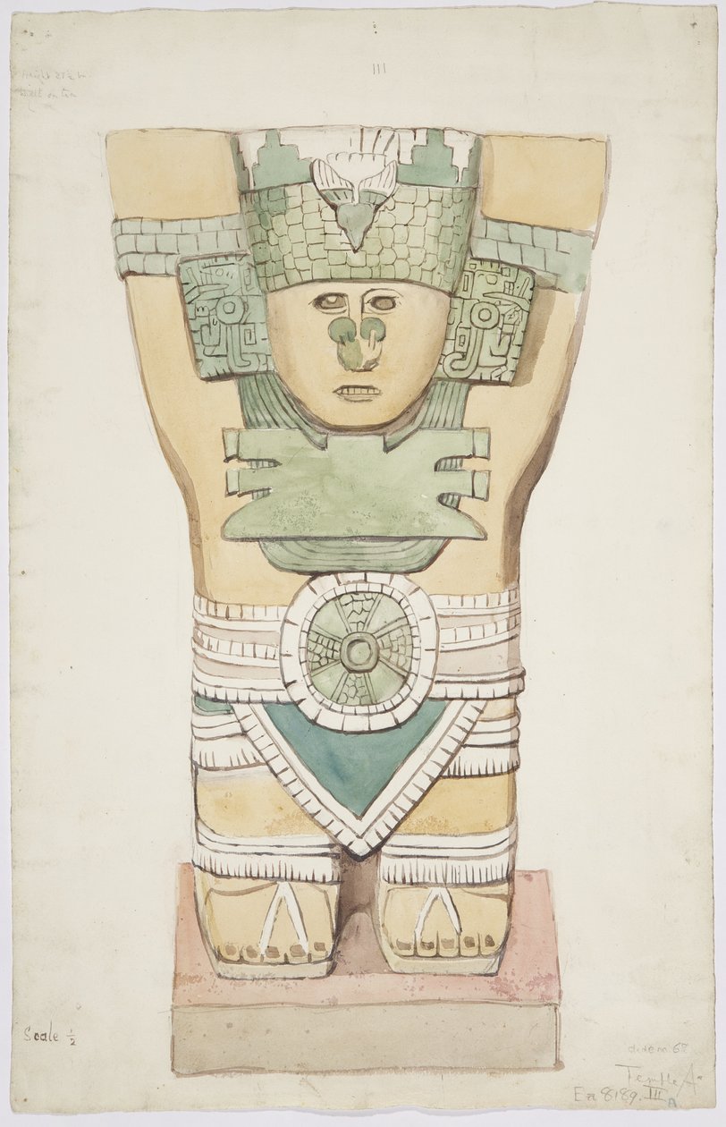 Caryatid III, külső kamra, Jaguárok felső temploma (A templom), Chichen Itza, Mexikó (akvarell) alkotó: Adela Breton