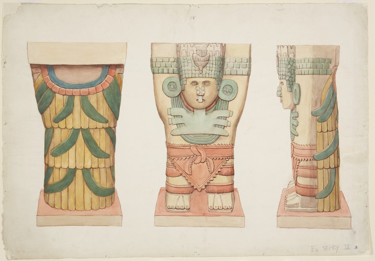 Caryatid a külső kamrából, A templom, labdapálya, Chichen Itza (akvarell) alkotó: Adela Breton