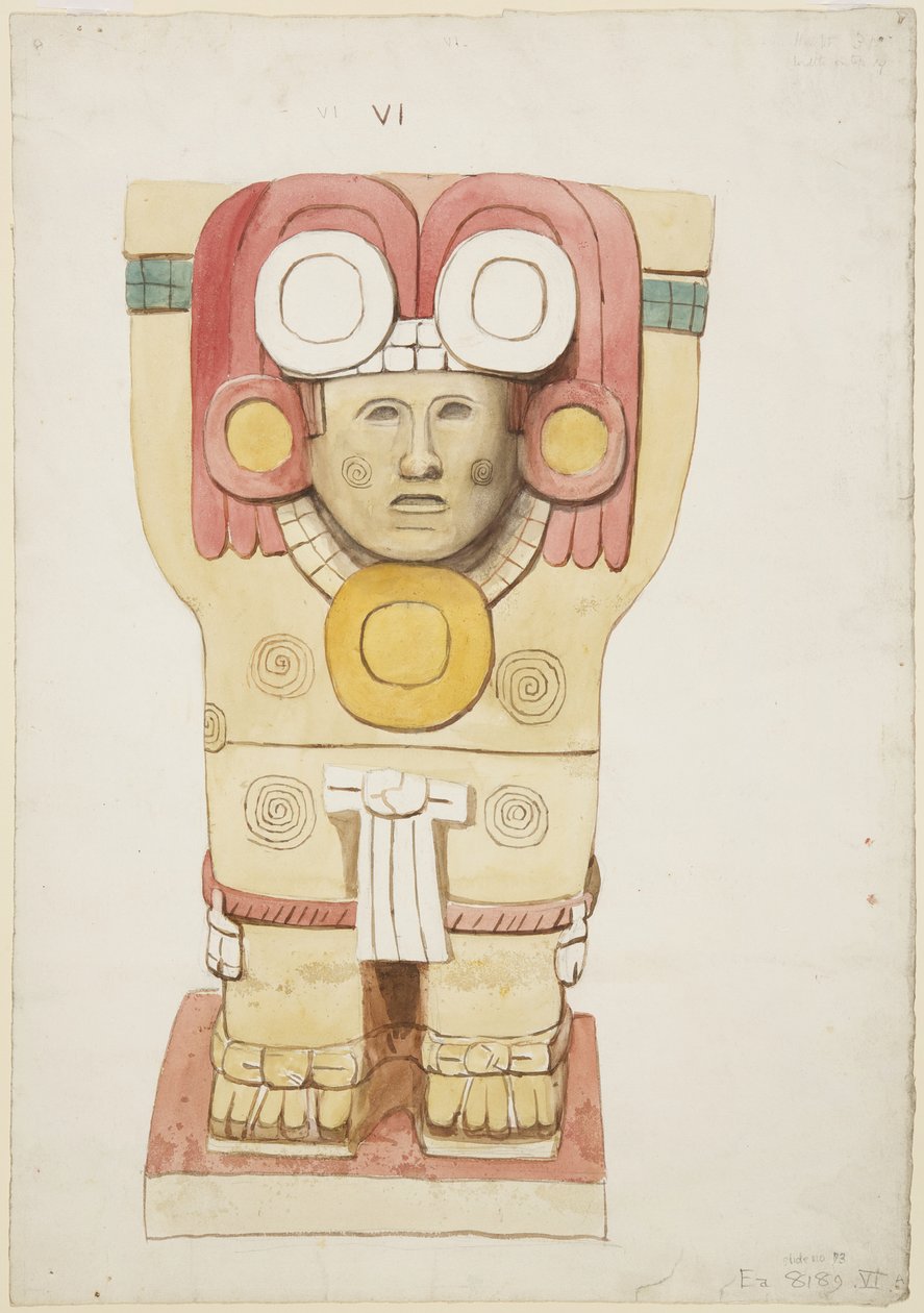 Caryatid a külső kamrából, A templom, labdapálya, Chichen Itza, Mexikó (akvarell) alkotó: Adela Breton