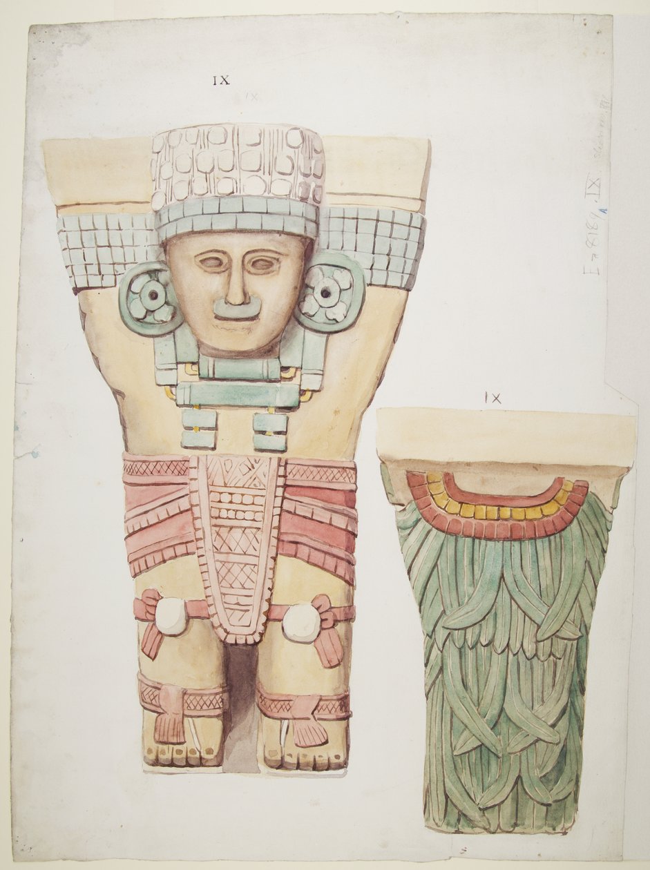 Caryatid a külső kamrából, A templom, labdapálya Chichen Itza, Mexikó (akvarell) alkotó: Adela Breton