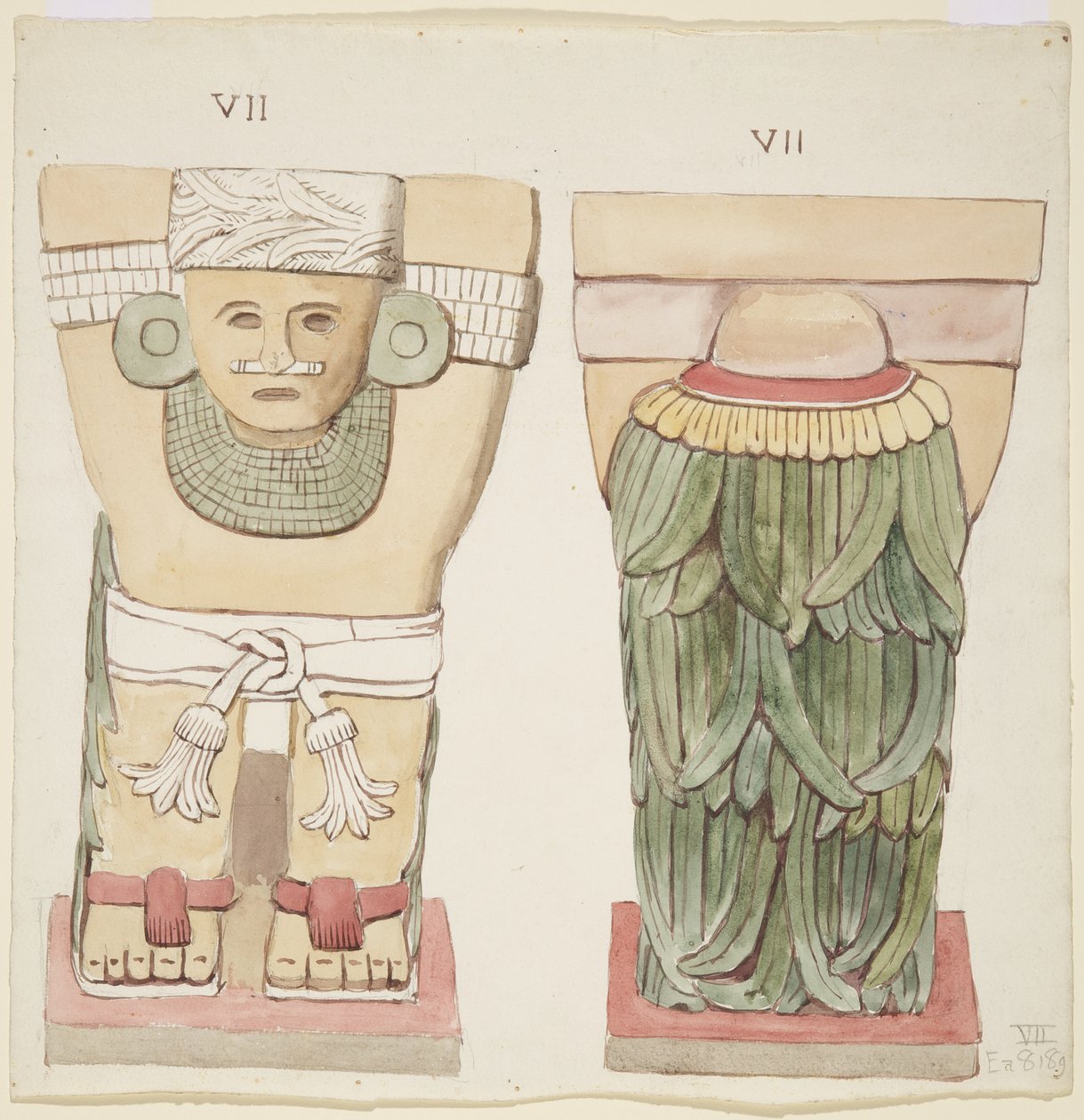 Caryatid a külső kamrából, A templom, labdapálya, Chichen Itza, Mexikó (akvarell) alkotó: Adela Breton