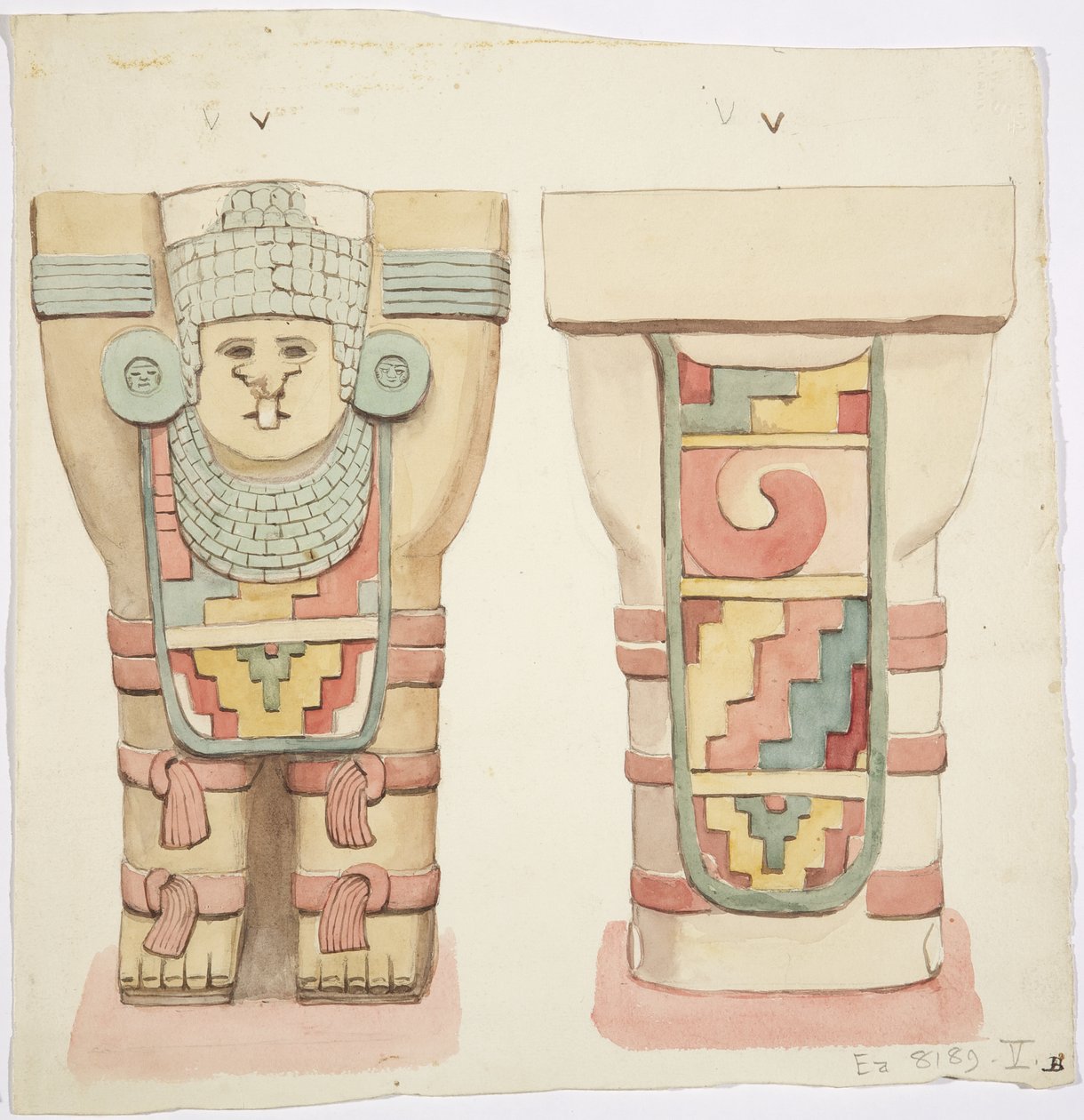 Caryatid a külső kamrából, A templom, labdapálya, Chichen Itza, Mexikó (akvarell) alkotó: Adela Breton