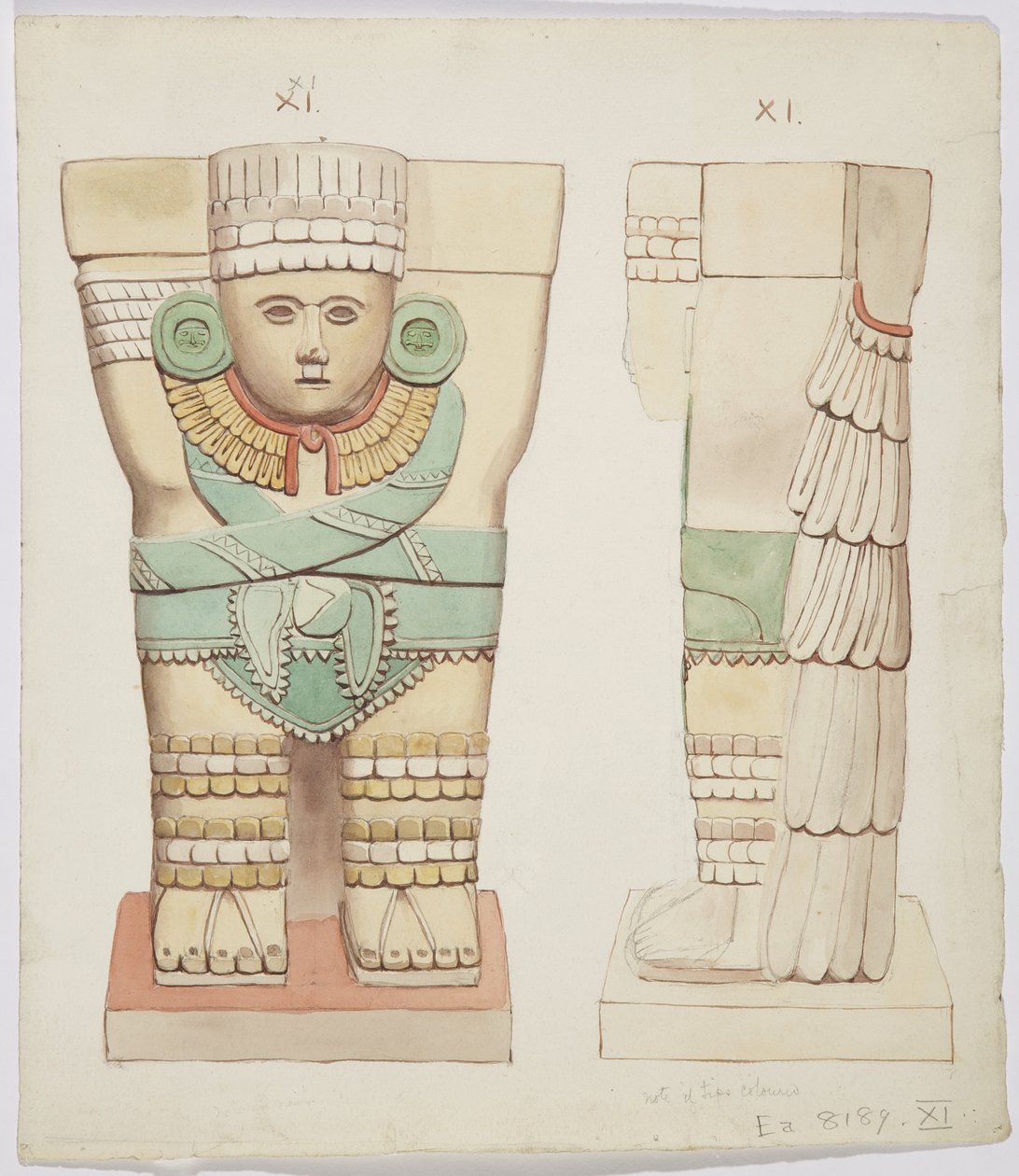 Caryatid a külső kamrából, A templom, labdapálya Chichen Itza, Mexikó (akvarell) alkotó: Adela Breton
