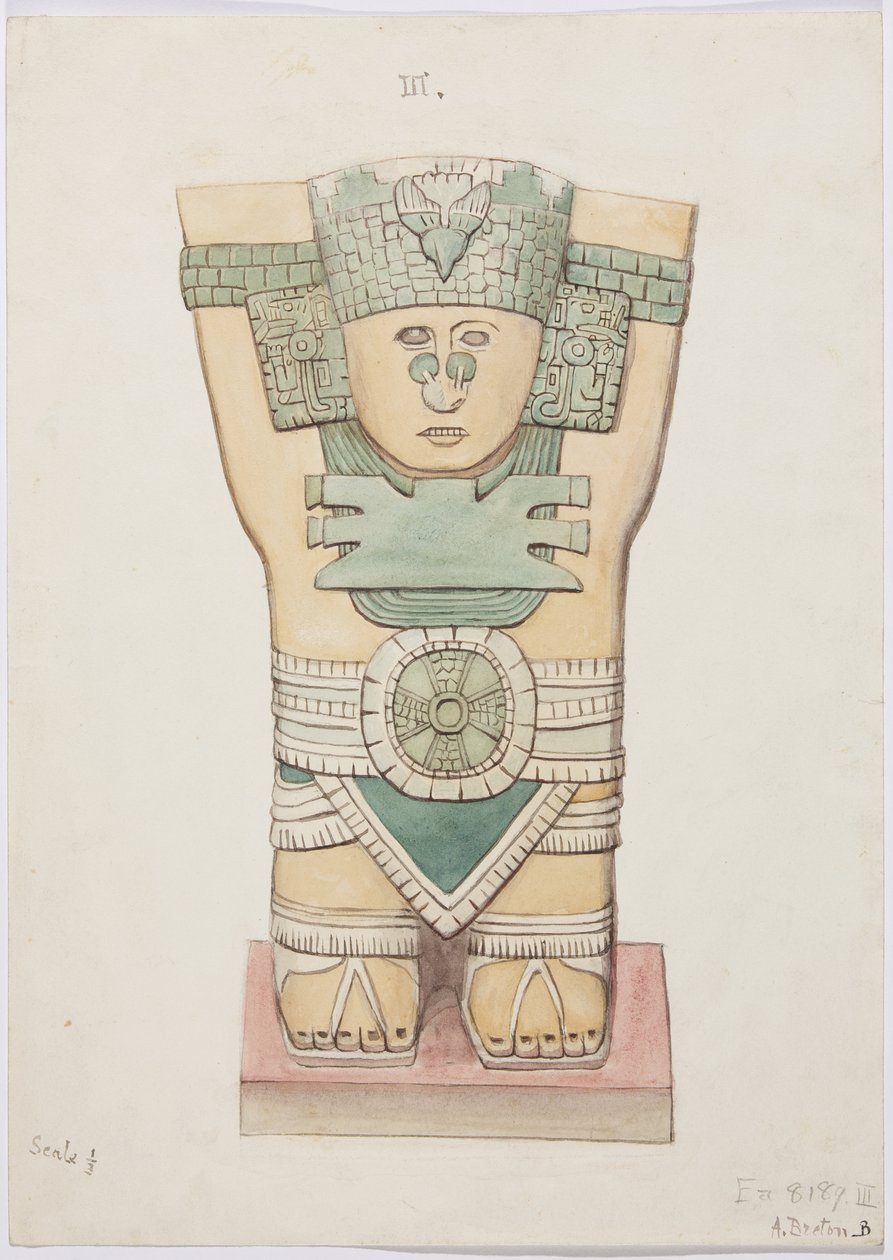 Caryatid a külső kamrából, A templom, labdapálya, Chichen Itza, Mexikó (akvarell) alkotó: Adela Breton