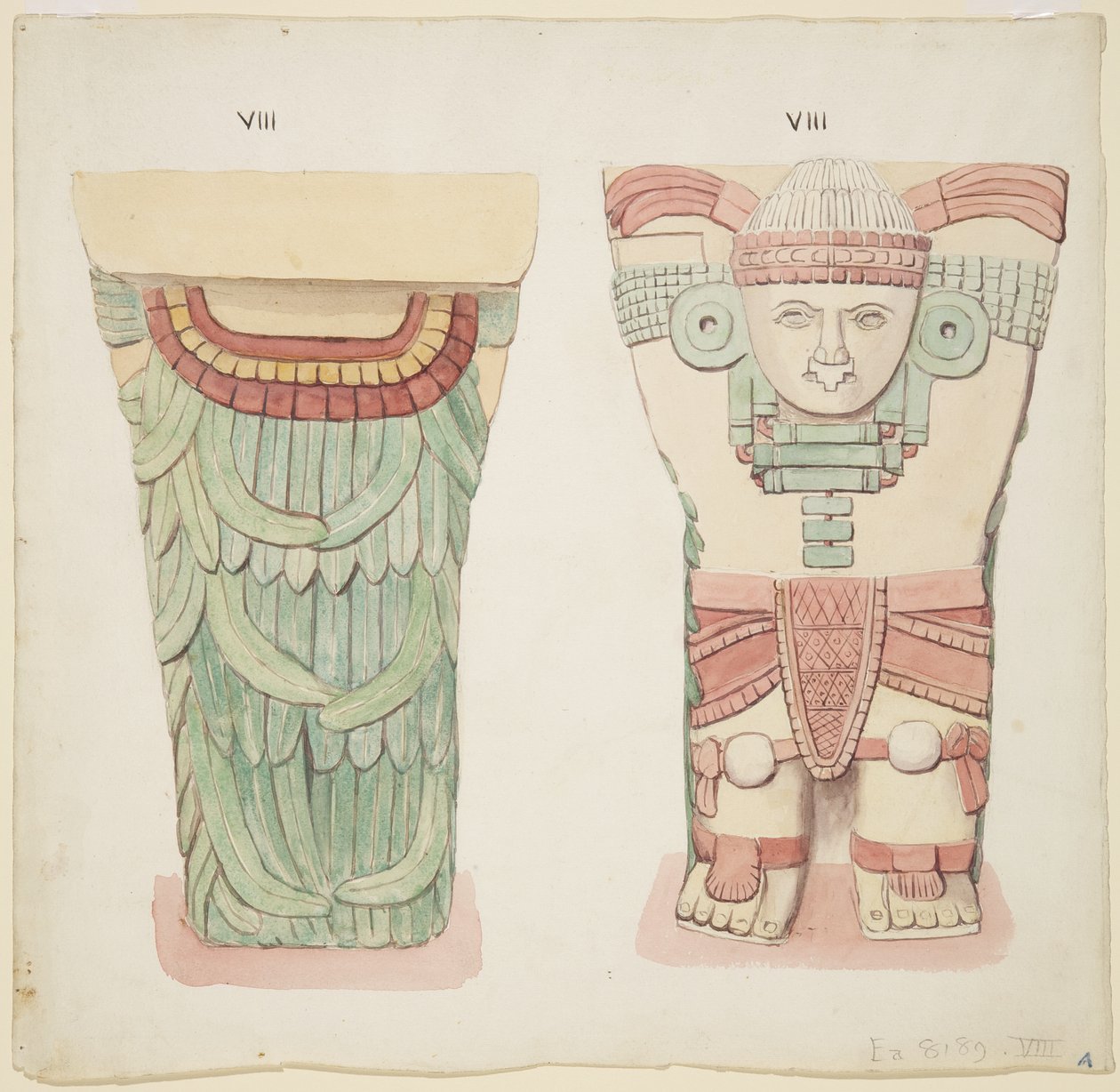 Caryatid a külső kamrából, A templom, labdapálya, Chichen Itza, Mexikó (akvarell) alkotó: Adela Breton