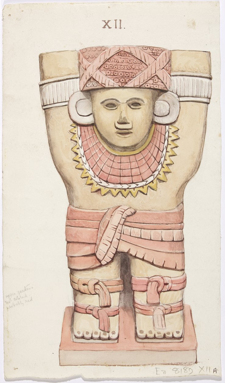 Caryatid a külső kamrából, A templom, labdapálya, Chichen Itza, Mexikó (akvarell) alkotó: Adela Breton