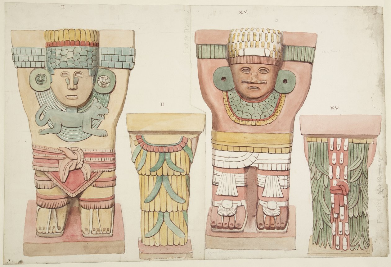 II. és XV. kariatida a külső kamrából, a Jaguárok felső temploma, Chichen Itza, Mexikó (akvarell) alkotó: Adela Breton