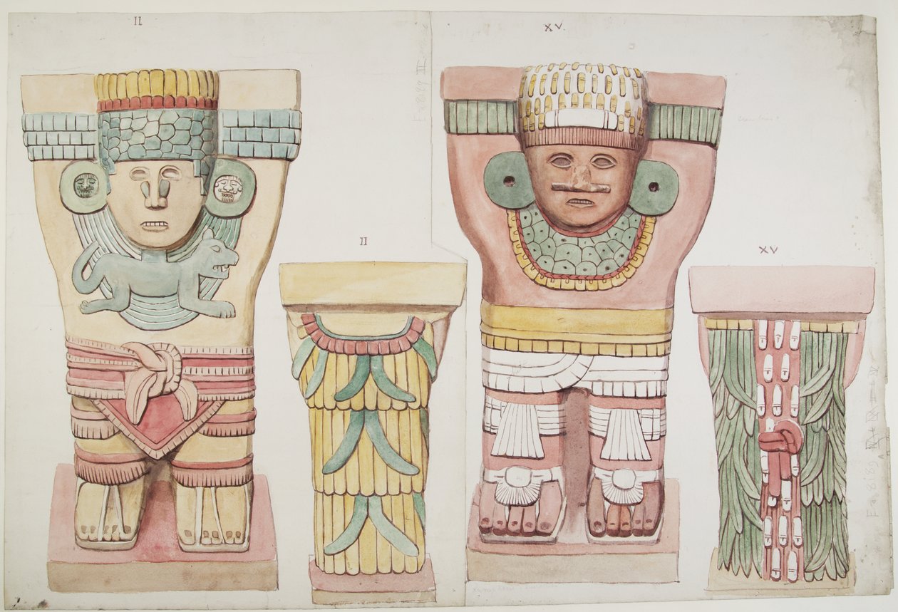 II. és XV. kariatida a külső kamrából, a Jaguárok felső temploma, Chichen Itza, Mexikó (akvarell) alkotó: Adela Breton