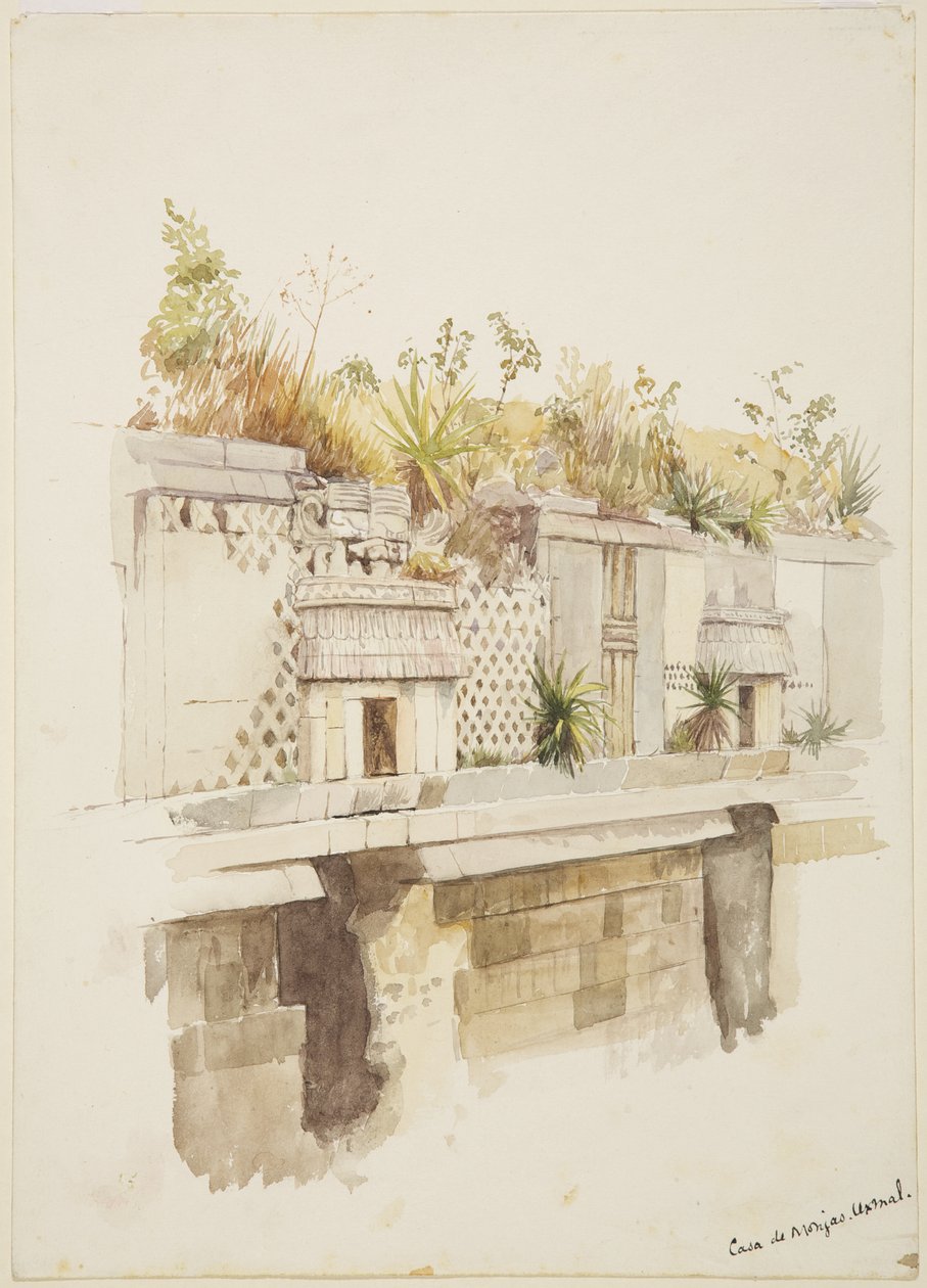 Casa de Monjas, Uxmal, Mexikó A romok felső emeletének festménye (akvarell) alkotó: Adela Breton