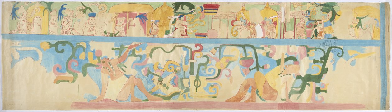 Egy falfestmény másolata a délnyugati falról, a Jaguárok felső temploma, Chichen Itza, Mexikó (akvarell és testfesték) alkotó: Adela Breton