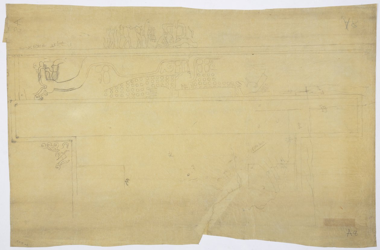 Egy falfestmény nyomkövetésének másolata az ajtó felett, Jaguárok felső temploma, Chichen Itza, Mexikói ceruza „Emberáldozat” (grafit) alkotó: Adela Breton
