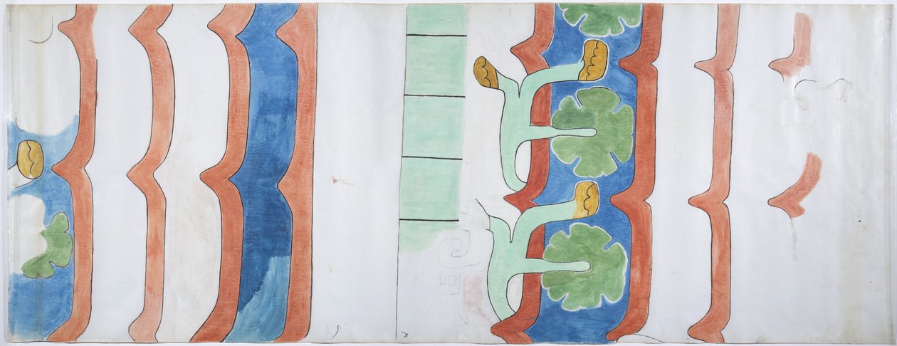 Egy falfestmény másolata a mexikói teotihuacai mezőgazdasági templomból (akvarell, testfesték, grafit) alkotó: Adela Breton
