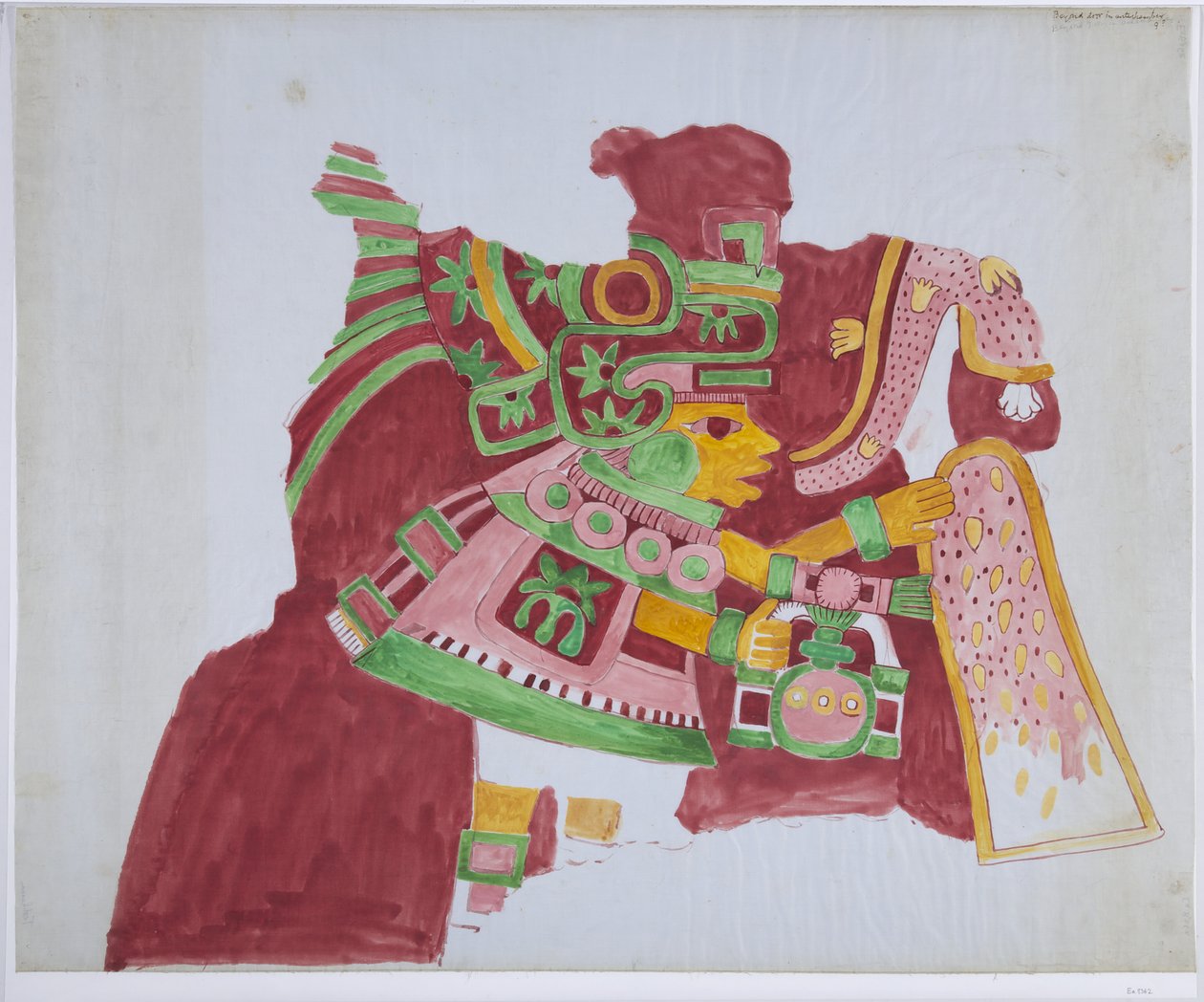 A Casa de Barrios falfestmény egy részének másolata, „A Papok Háza”, Teopancaxco, Teotihuacan, Mexikó (akvarell és grafit) alkotó: Adela Breton