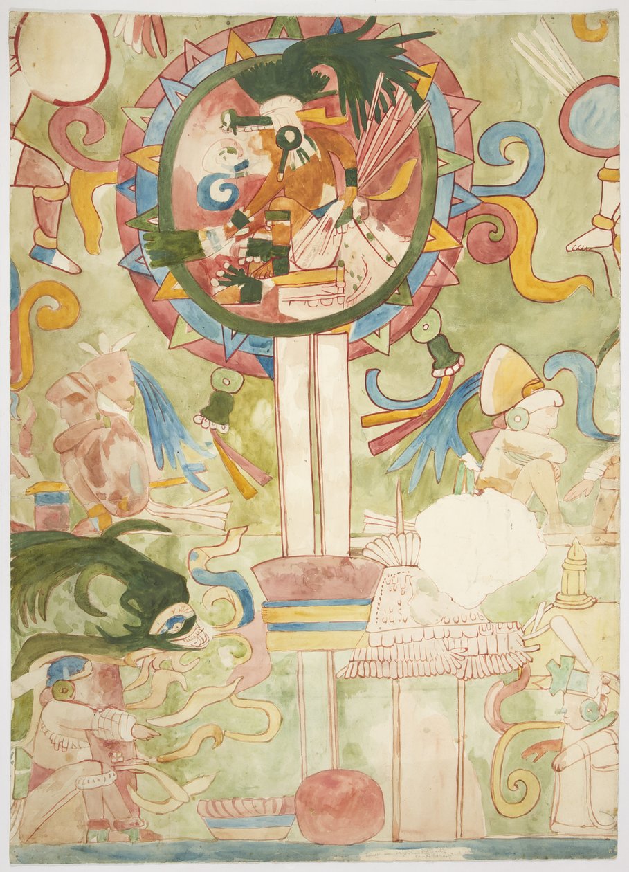 A nyugati fal déli paneljének egy részét ábrázoló festmény, Jaguárok felső temploma, Chichen Itza, Mexikó (akvarell, testfesték, grafit) alkotó: Adela Breton