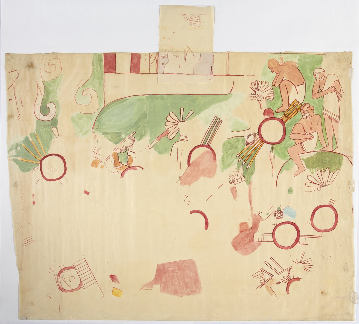 Festmény a keleti falról, Jaguárok felső temploma, Chichen Itza, Mexikó (akvarell, testfesték, grafit) alkotó: Adela Breton