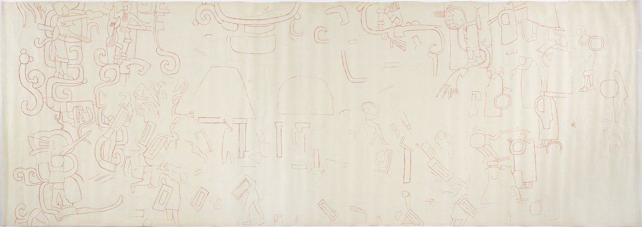 Festmény az északi falról, a Jaguárok felső temploma, Chichen Itza, Mexico Center rész (vörös tinta és grafit) alkotó: Adela Breton