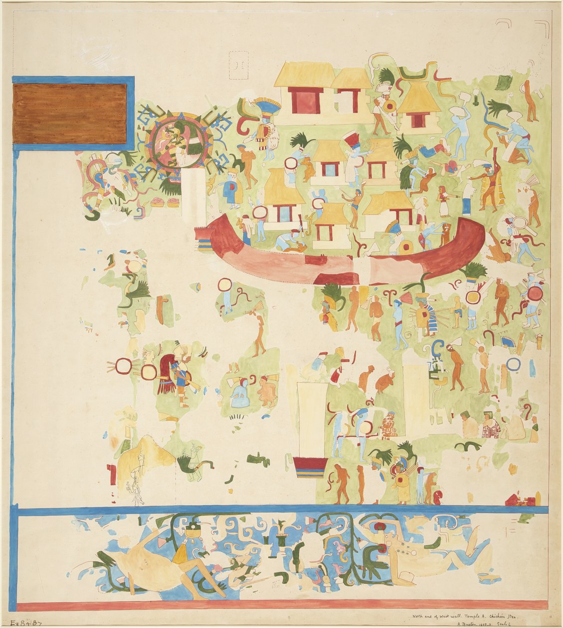 Falfestmény negyedléptékű másolata a nyugati fal északi végéről, Jaguárok felső temploma, Chichen Itza, Mexikó (akvarell) alkotó: Adela Breton