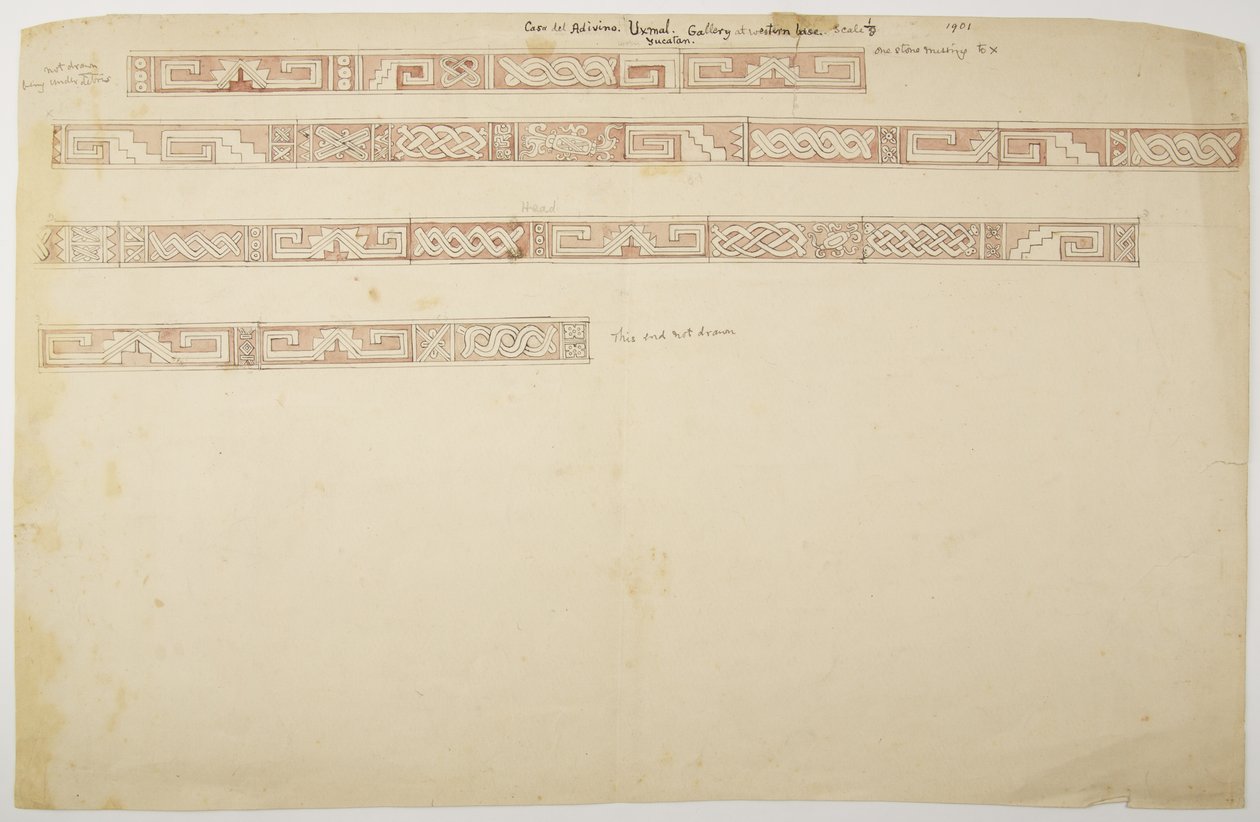 Romok/kő domborművek az Uxmal-i templomban, Mexikó Frizeket ábrázoló (akvarell) alkotó: Adela Breton
