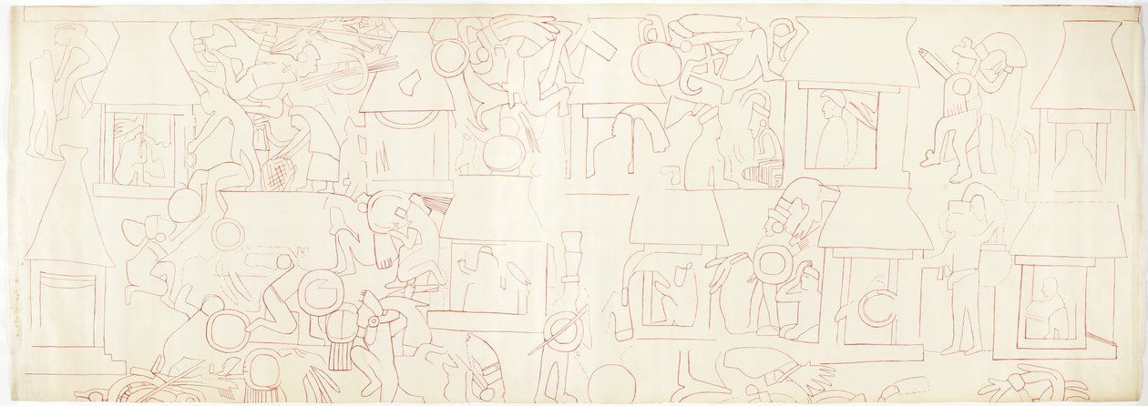 Déli fal, Jaguárok felső temploma, Chichen Itza, Mexikó északi negyede (vörös tinta és grafit) alkotó: Adela Breton