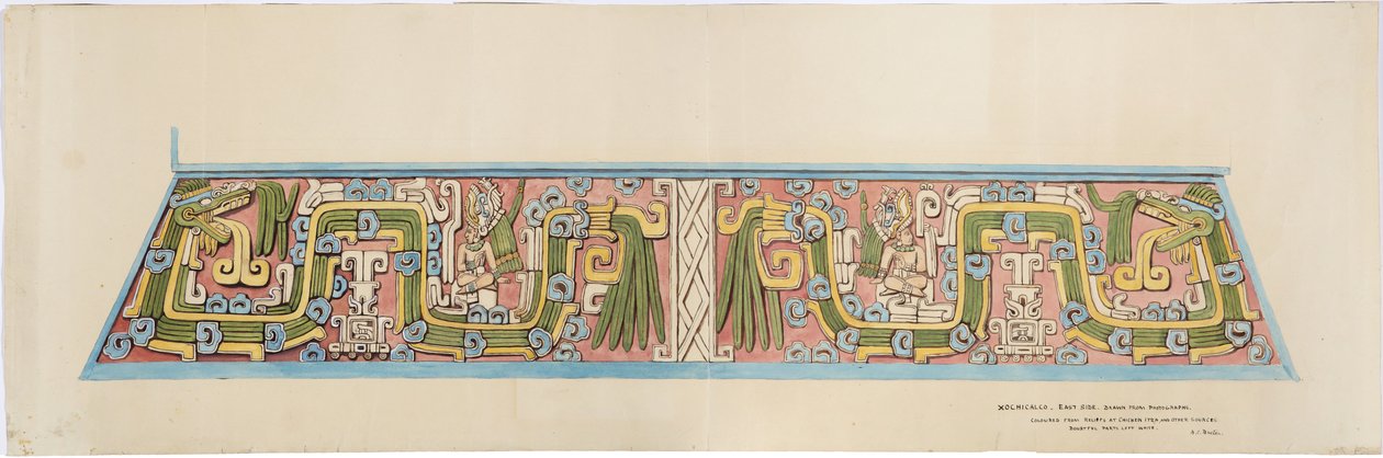 Kődombormű a Xochicalco-ból, Mexikó Cerro Colorado déli oldala, Tehuacan (akvarell) alkotó: Adela Breton