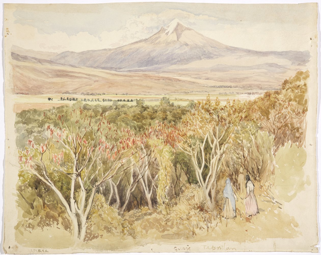 A Popocatépetl vulkán Yautepecből, Morelos államból, Mexikóból (akvarell és grafit) alkotó: Adela Breton