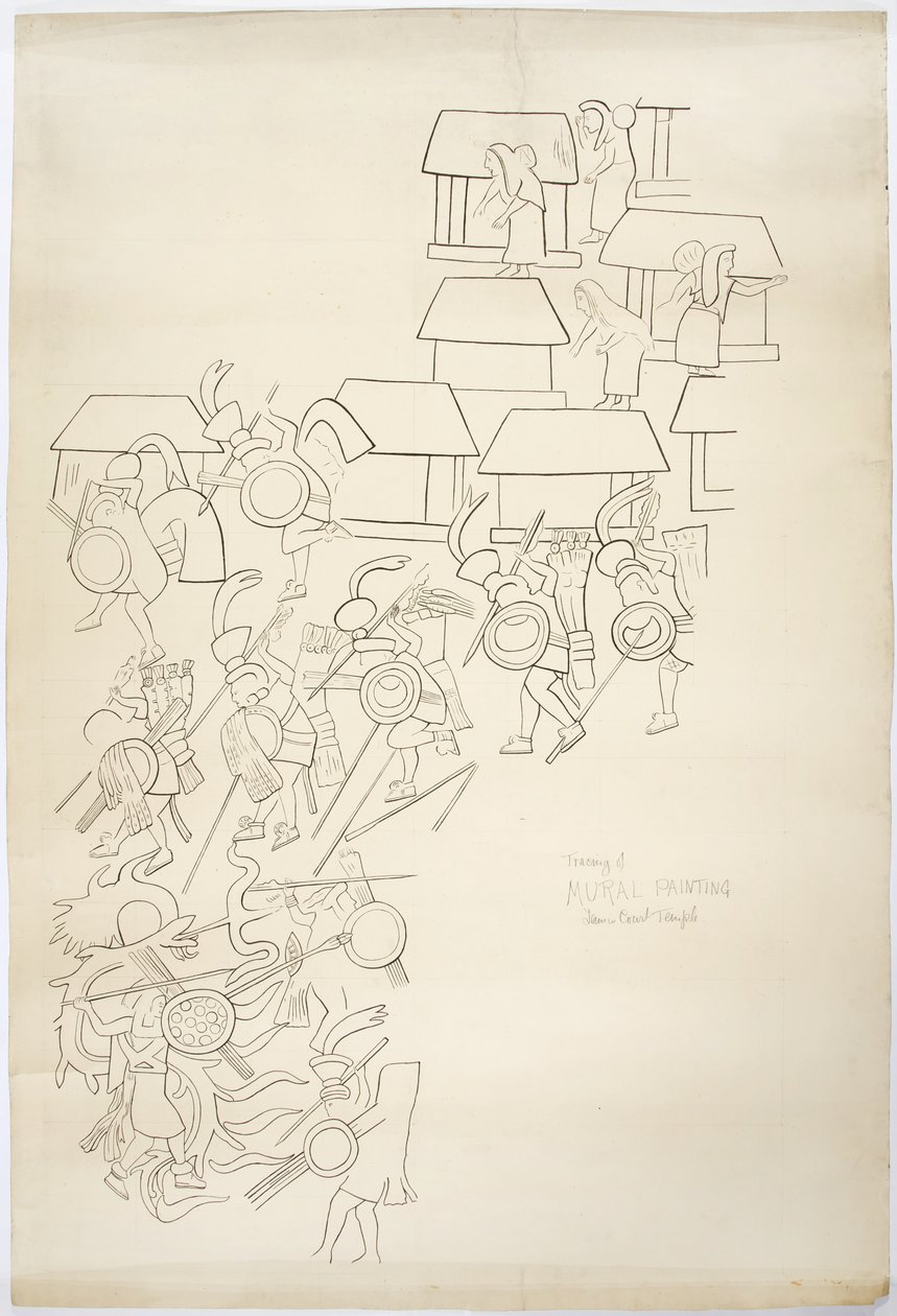 Egy falfestmény nyomon követése a nyugati falról, a Jaguárok felső temploma, Chichen Itza, Mexikó A nyomkövetés tinta vége (fekete tinta és grafit) alkotó: Adela Breton