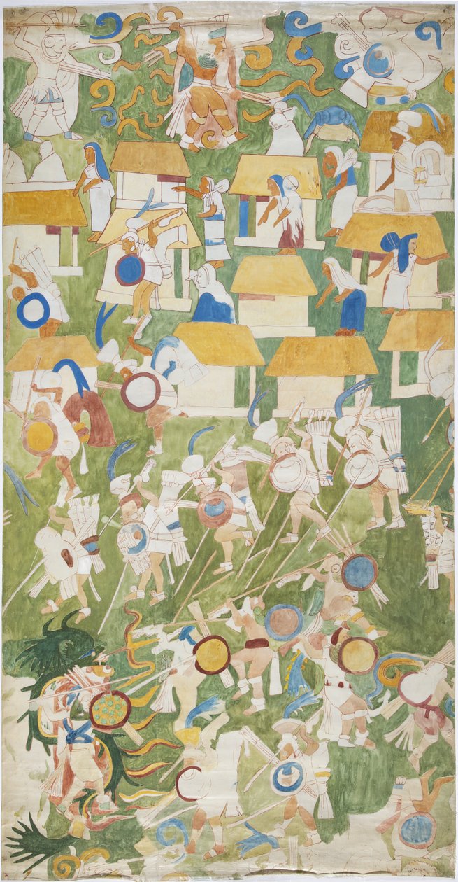Egy falfestmény nyomon követése a nyugati fal déli táblájáról, Jaguárok Felső Temple, Chichen Itza, Mexikó (akvarell és grafit) alkotó: Adela Breton