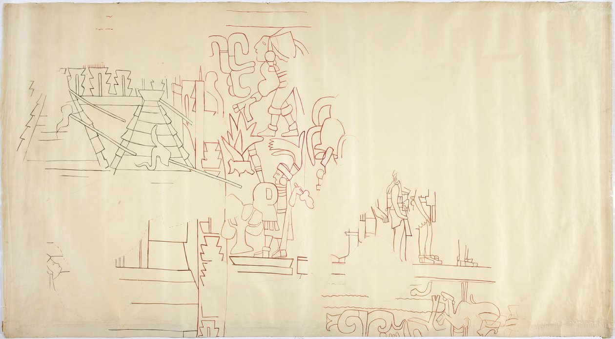A Casa de Monjas, Chichen Itza, Mexikó falfestményének nyomkövetése Fekete-piros tintával (vörös és fekete tinta és grafit) nyomon követve és átfestve alkotó: Adela Breton