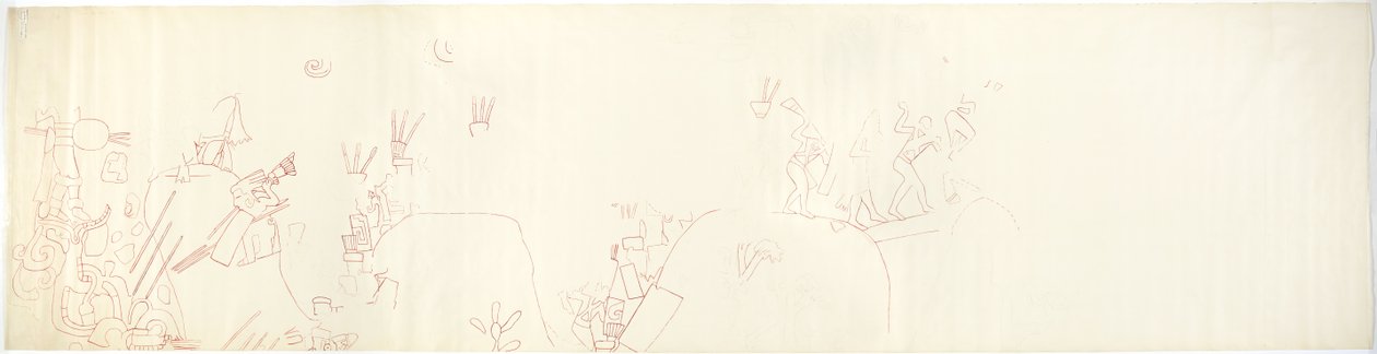 Egy falfestmény nyomon követése a keleti falról, a Jaguárok felső temploma, Chichen Itza, Mexikó (vörös tinta és   grafit) alkotó: Adela Breton