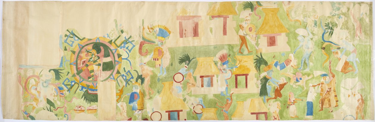 Egy falfestmény nyomon követése a nyugati fal északi végéről, a Jaguárok felső temploma, Chichen Itza, Mexikó   (akvarell és testfesték) alkotó: Adela Breton