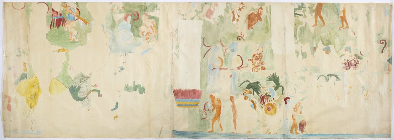 Egy falfestmény nyomon követése északi panelről, nyugati falról, Jaguárok felső templomáról, Chichen Itza, Mexikó   (akvarell és testfesték) alkotó: Adela Breton