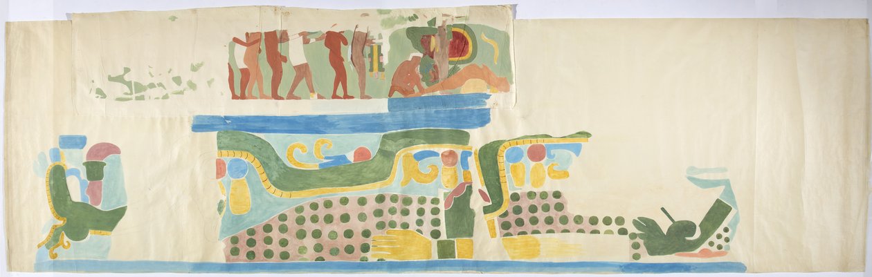 Egy falfestmény nyomkövetése az ajtó túloldaláról, Jaguárok felső temploma, Chichen Itza, Mexikó (akvarell, testfesték, grafit) alkotó: Adela Breton