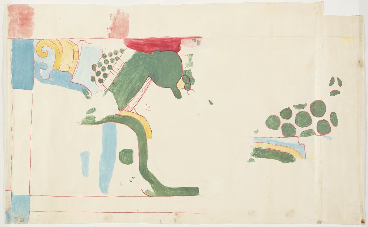 Egy falfestmény nyoma a Jaguárok Felső Templomából, Chichen Itza, Mexikó   (akvarell, testfesték, grafit) alkotó: Adela Breton