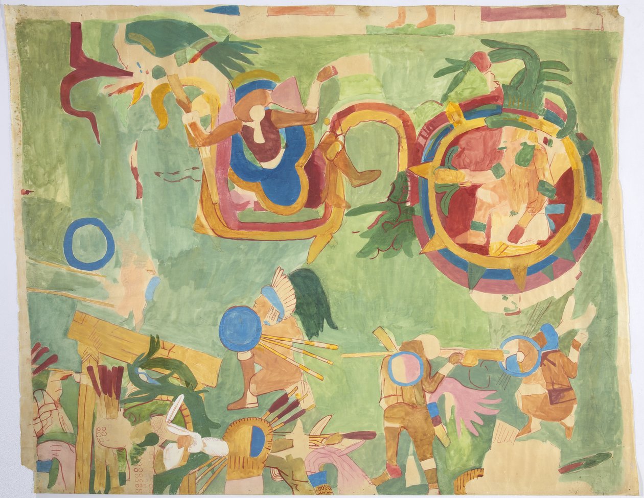 Falfestmény nyomon követése a belső kamrából, Jaguárok felső temploma, déli fal, Great Ball Court, Chichen Itza, Mexikó (akvarell és testfesték) alkotó: Adela Breton