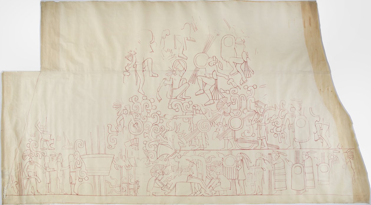 Egy falfestmény nyomon követése a déli boltozat mennyezetéről, Jaguárok felső temploma, Chichen Itza, Mexikó    (piros tinta) alkotó: Adela Breton