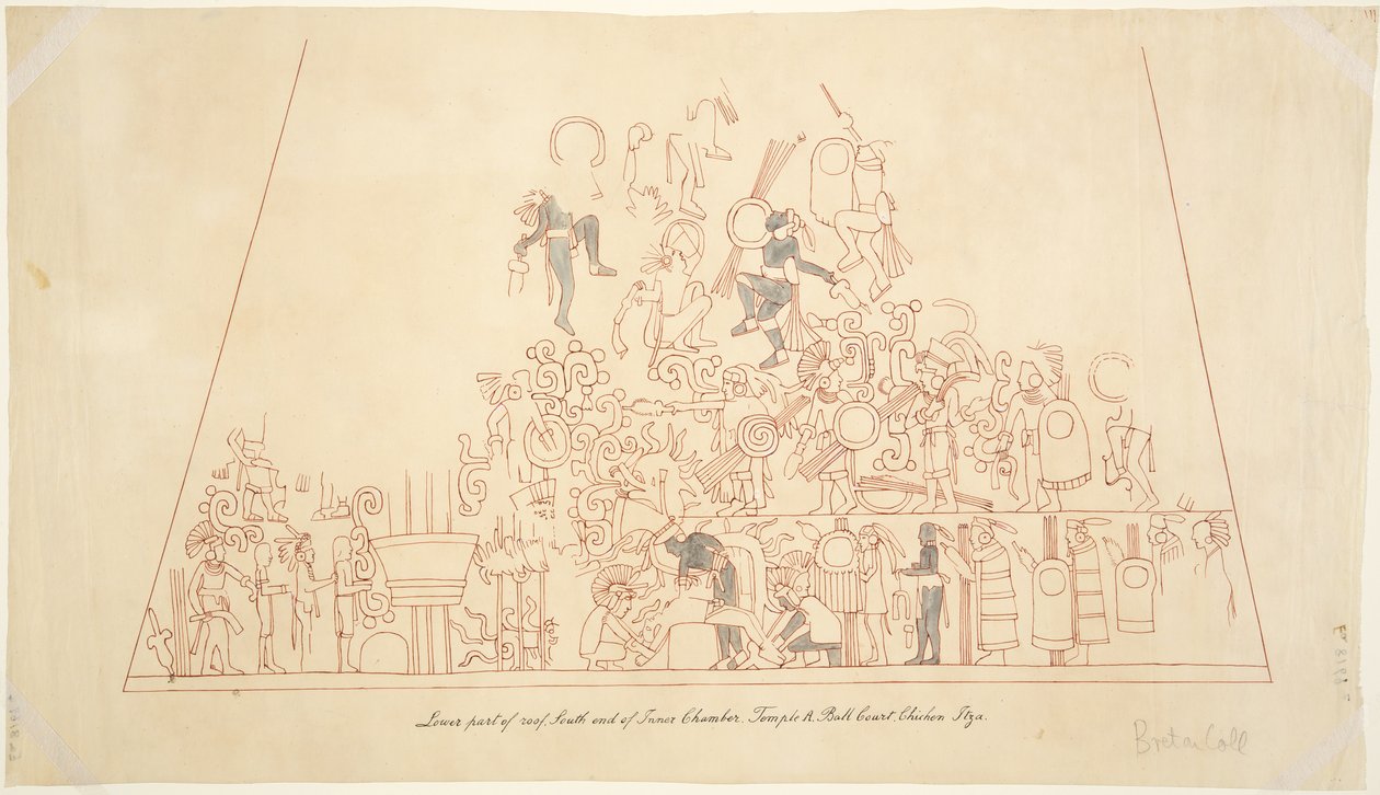 Falfestmény nyomon követése a déli boltozatból, belső kamrából, Jaguárok felső templomából, Chichen Itza, Mexikó alkotó: Adela Breton