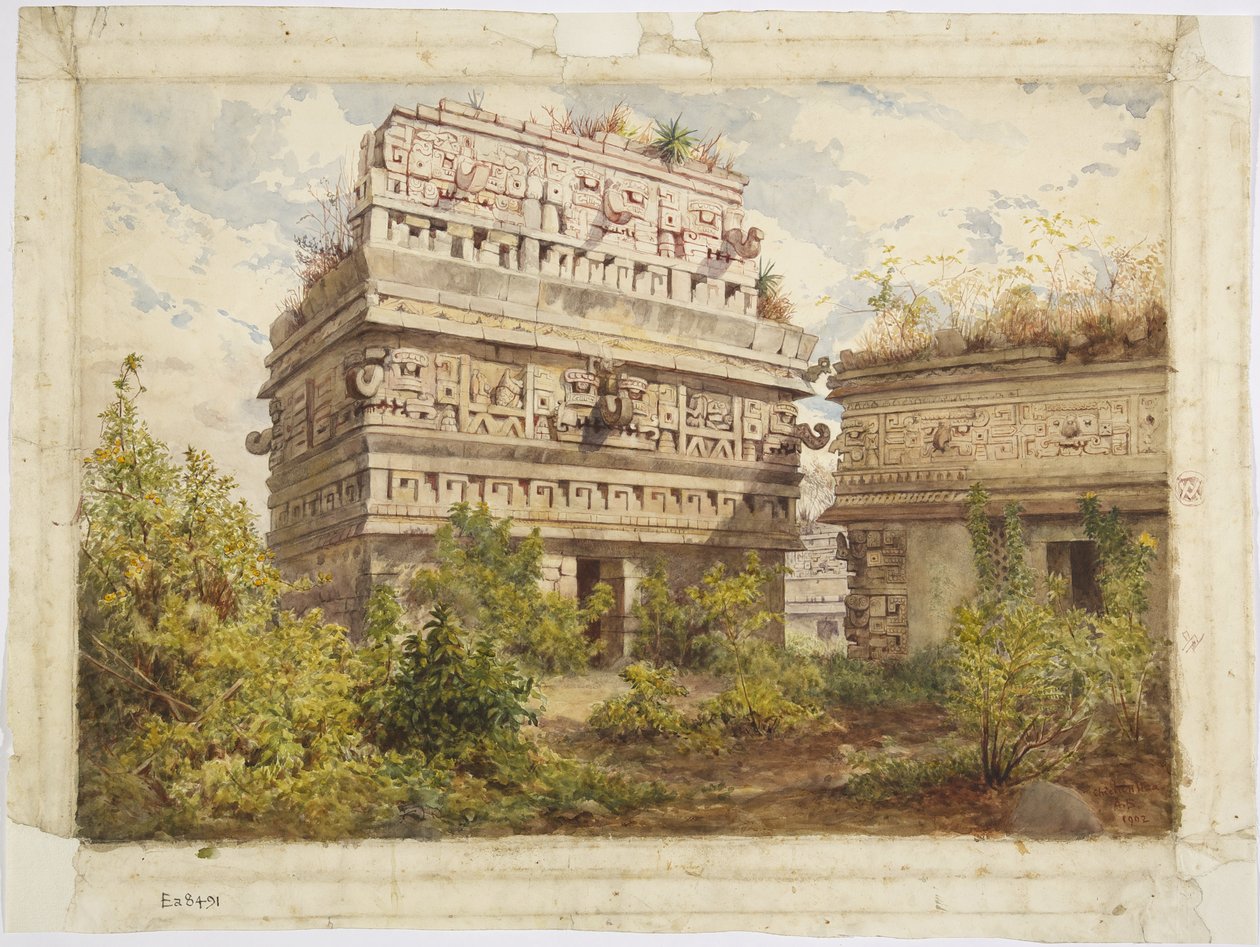 Chichen Itza romjai, Yucatan, Mexikó Az Iglesia nyugati homlokzatát ábrázolja (akvarell) alkotó: Adela Breton