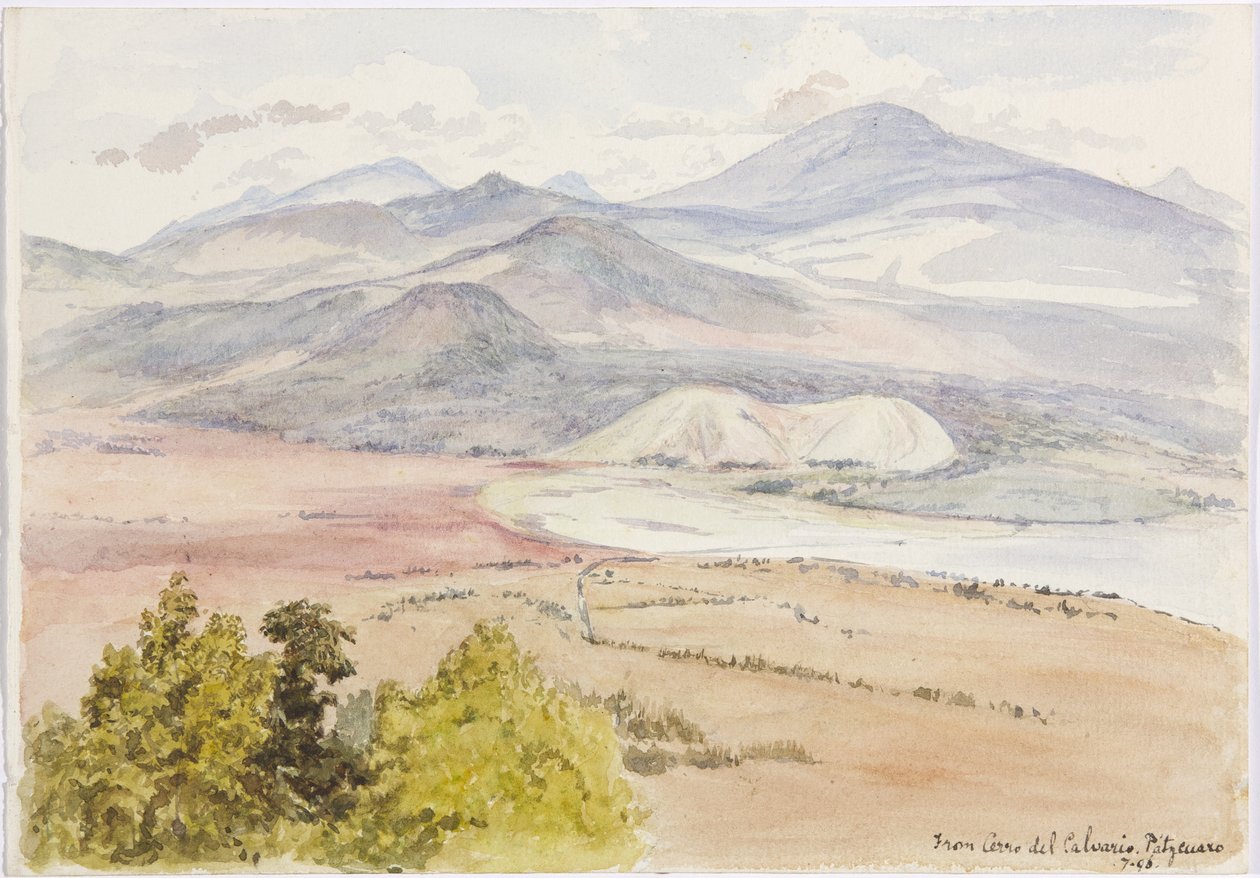 Kilátás a Cerro del Calvario, Patzcuaxo felől a papír egyik oldalán, a másikon az ősi erőd és a kőhalmok, az Iguatcho Cerro del Calvarioból, Patzcuaro, Michoacan, Mexikó (akvarell) alkotó: Adela Breton