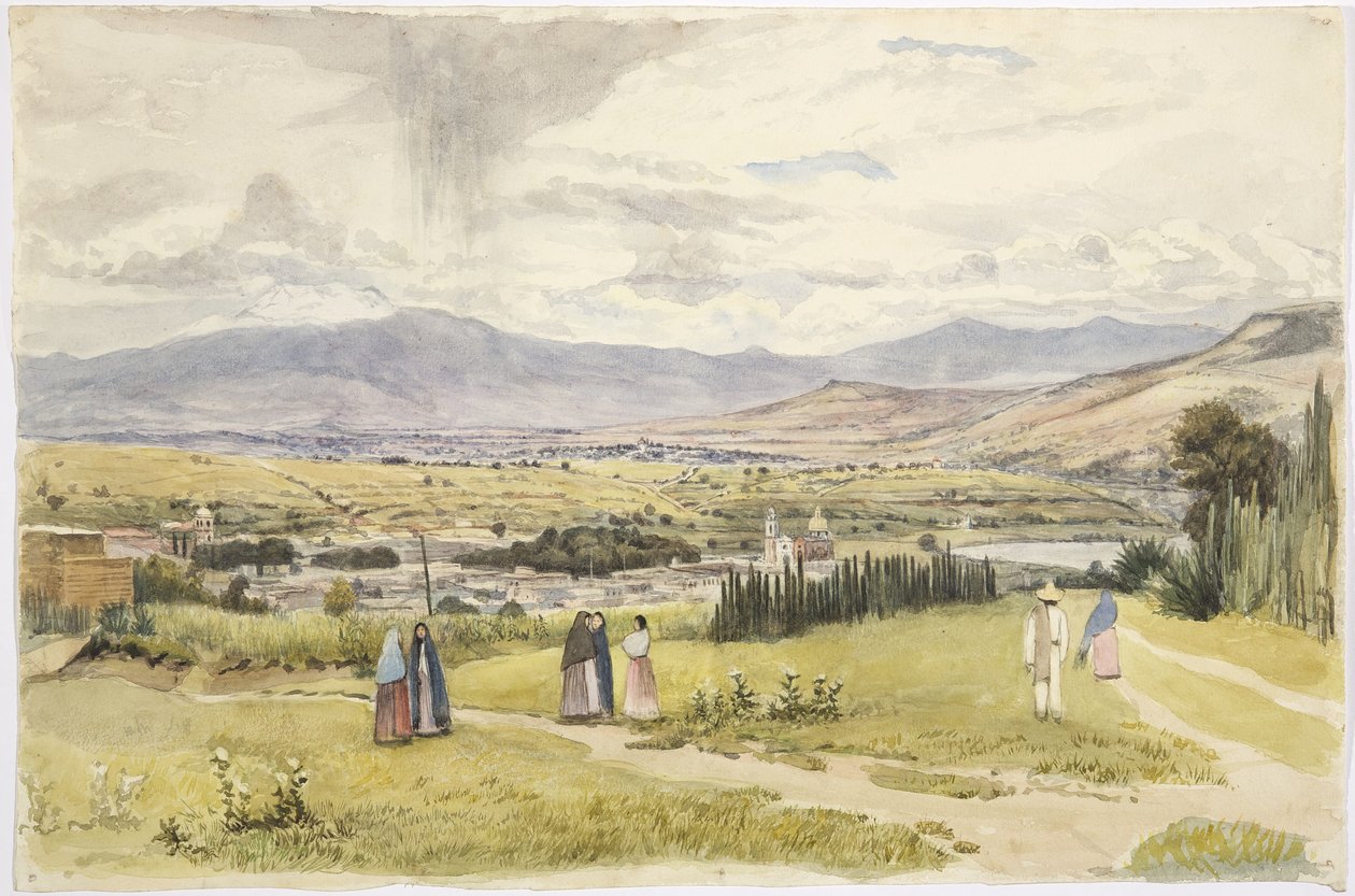 Kilátás a mexikói Tlaxcalára és Ixtaccihuatlra (akvarell) alkotó: Adela Breton