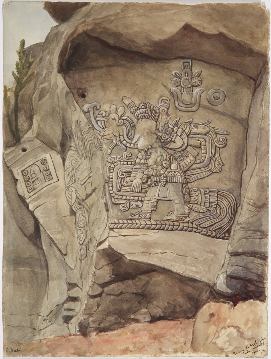 Kődombormű Piedra de Malinche-ból, Tula, Hidalgo, Mexikó (akvarell) alkotó: Adela Breton