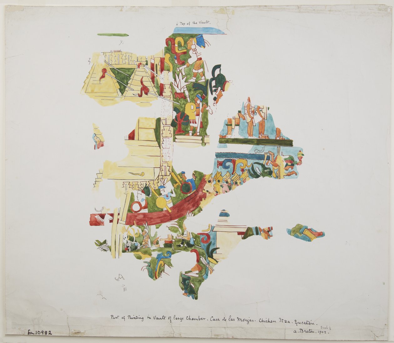 Falfestmény boltozatról egy nagy kamrában a Casa de Monjasban, Chichen Itza, Yucatan, Mexikó (akvarell) alkotó: Adela Breton