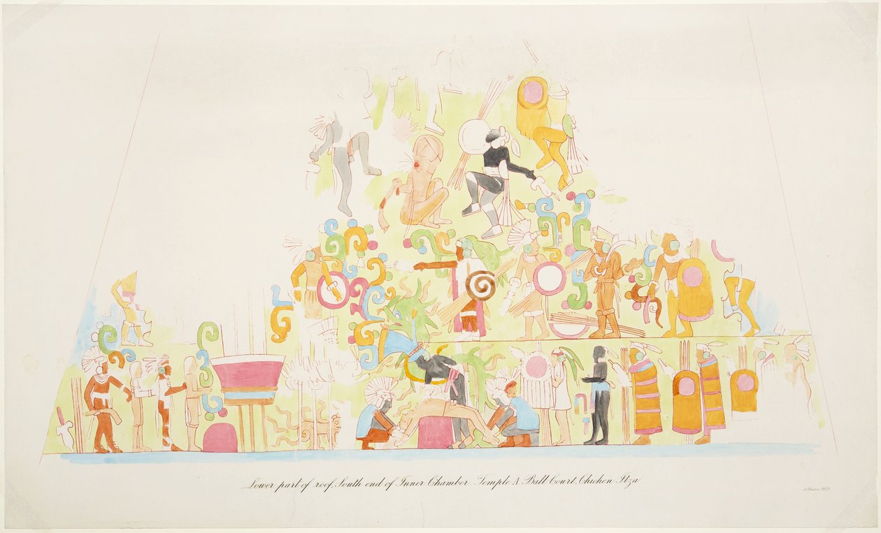 Falfestés a tető alsó részéről, a belső kamra déli vége, A templom, Chichen Itza, Mexikó (akvarell) alkotó: Adela Breton