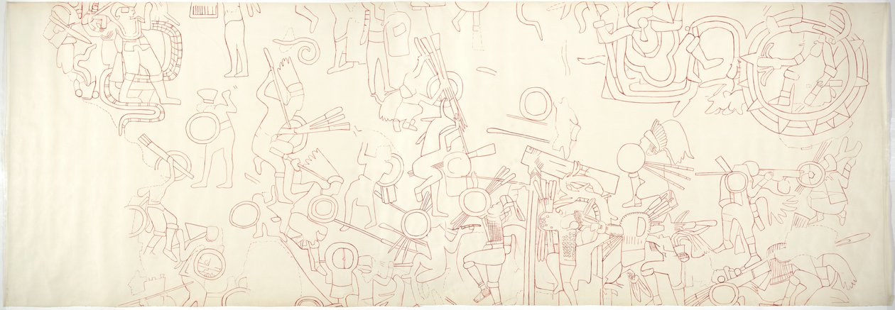 déli fal, Jaguárok felső temploma, Chichen Itza, Mexikó északi központi negyede (vörös tinta és grafit) alkotó: Adela Breton
