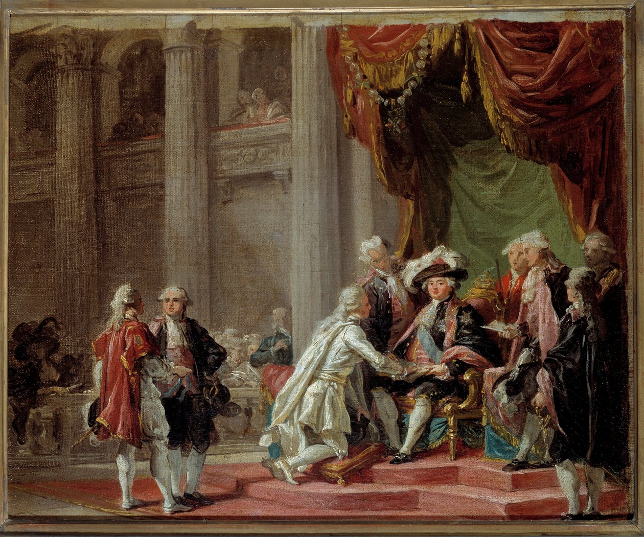 A Jeruzsálemi Szent Lázár Rend és a Kármel-hegyi Szűzanya lovagjának fogadása az utolsó nagymester, Provence grófja (XVIII. Lajos leendő király) (1755-1824) által XVI. Lajos festménye, Adelaide Labille gárda (1749-) által 1803) 1788 körül alkotó: Adelaide Labille Guiard
